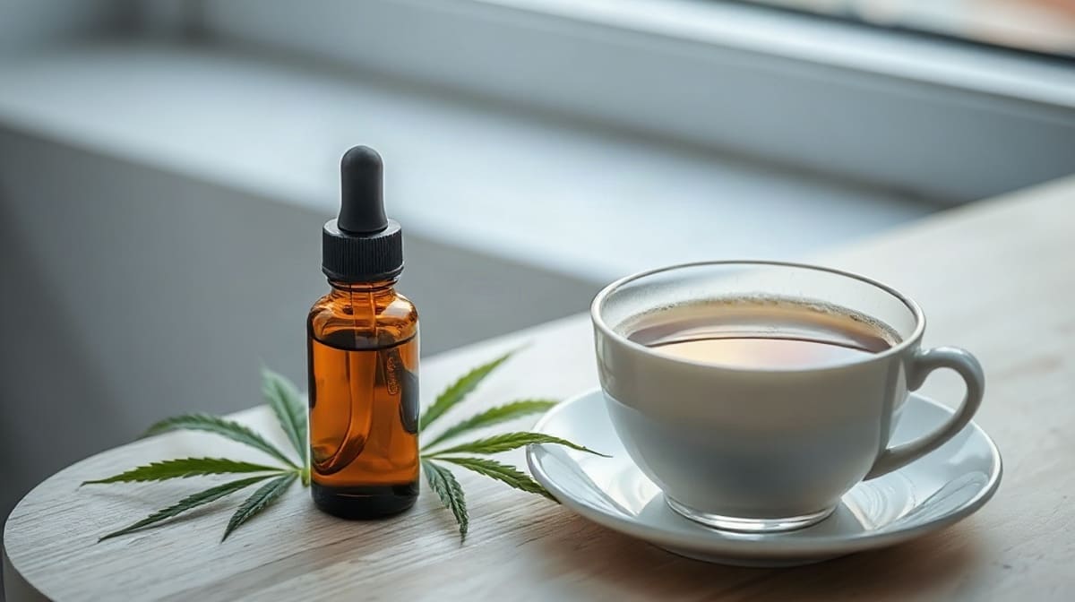 Flacon d’huile de CBD, feuilles de chanvre et tasse de tisane