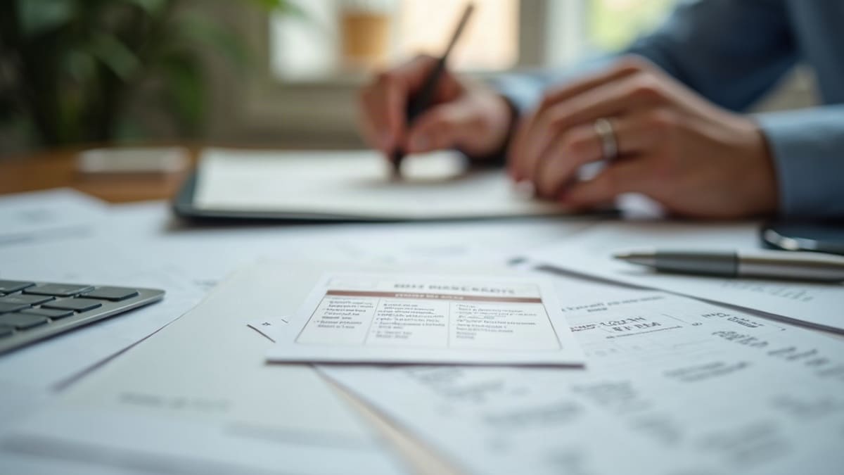 Bureau sobre avec une carte de soins, des papiers et un stylo, sous une lumière douce